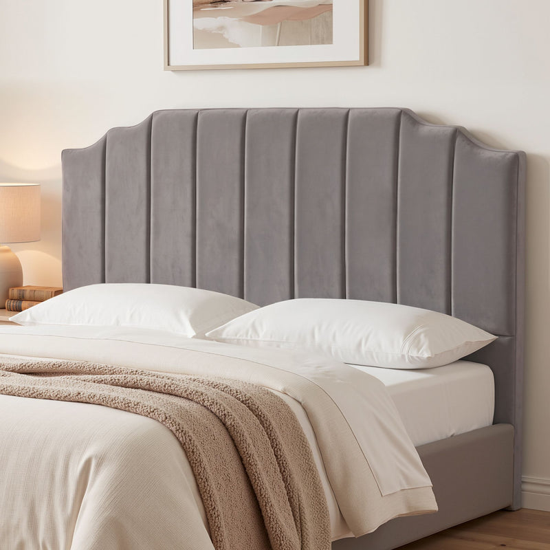 Grey Velvet Bedhead King - Vela Art Deco Vertical Line Headboard - Lucendi Home