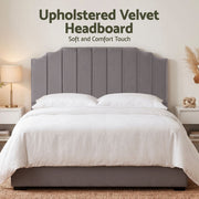 Grey Velvet Bedhead King - Vela Art Deco Vertical Line Headboard - Lucendi Home