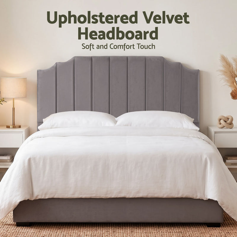 Grey Velvet Bedhead King - Vela Art Deco Vertical Line Headboard - Lucendi Home