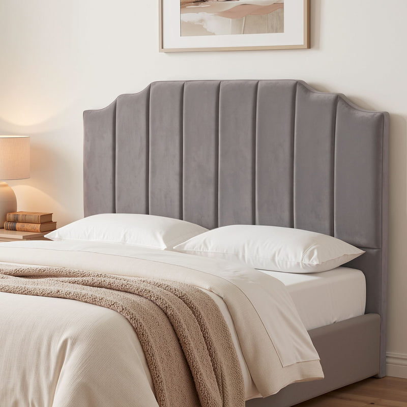 Grey Velvet Bedhead Queen - Vela Art Deco Vertical Line Headboard - Lucendi Home