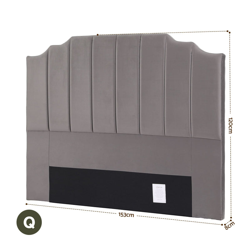 Grey Velvet Bedhead Queen - Vela Art Deco Vertical Line Headboard - Lucendi Home
