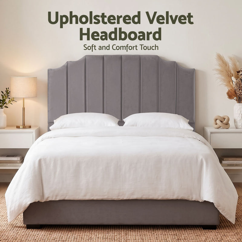Grey Velvet Bedhead Queen - Vela Art Deco Vertical Line Headboard - Lucendi Home