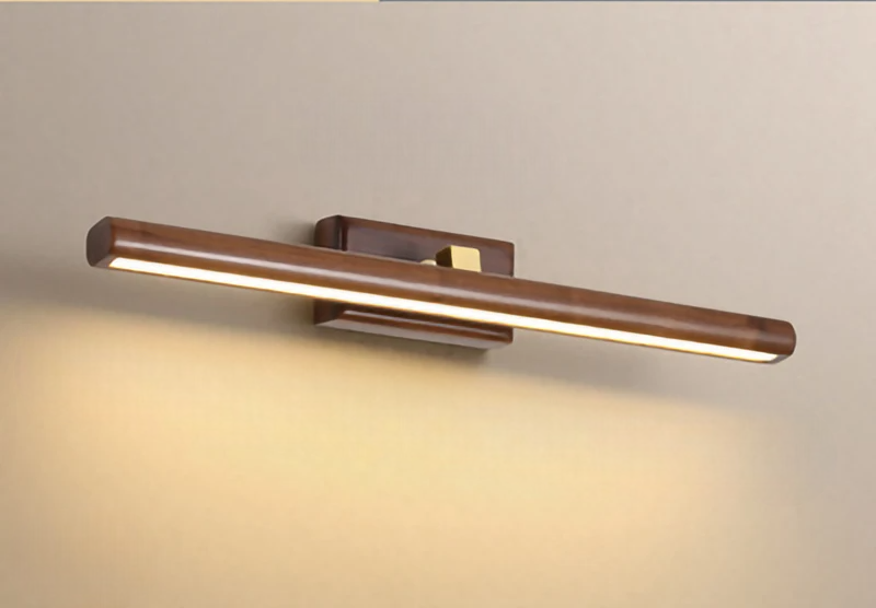 Wooden bathroom vanity light illuminating white background