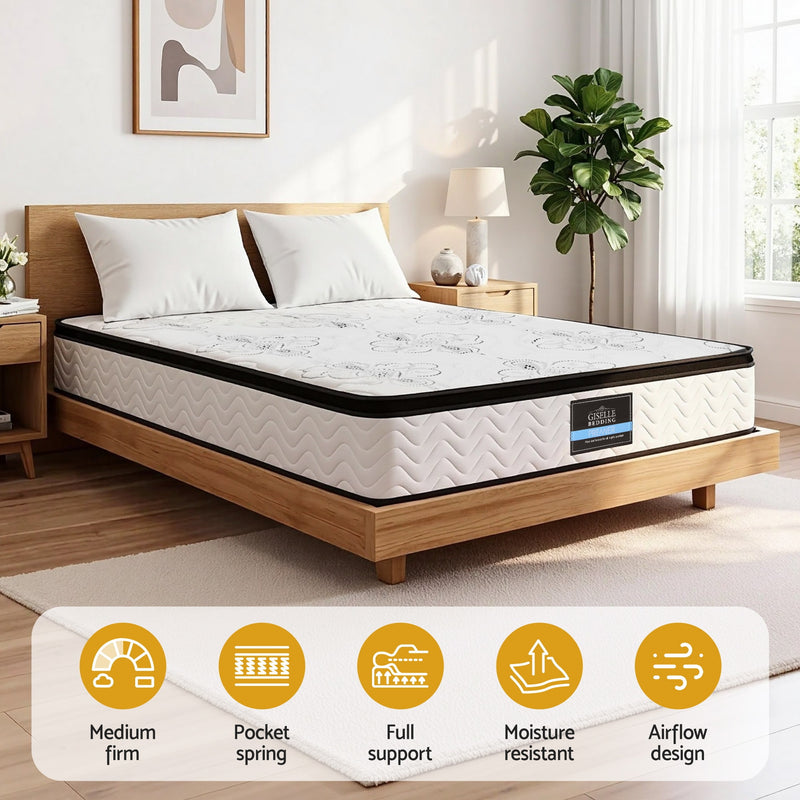 Giselle Bedding Queen Mattress 30cm Pocket Spring Euro Top Medium Firm Foam