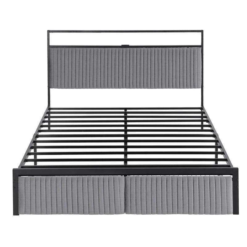 Artiss Metal Bed Frame Queen Size LED Charging Station 2 Drawers
