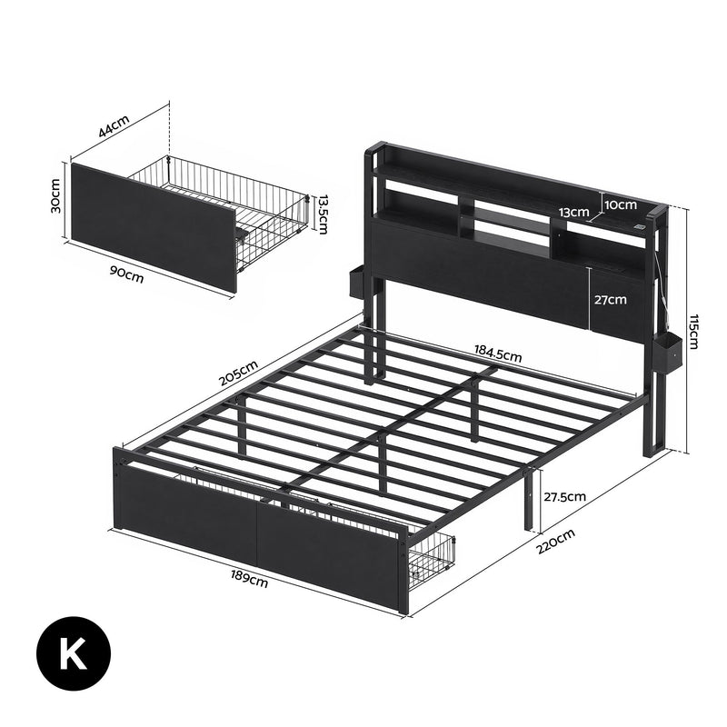 Artiss Bed Frame King with Charging Station Storage Organizer Drawers LED ZAC