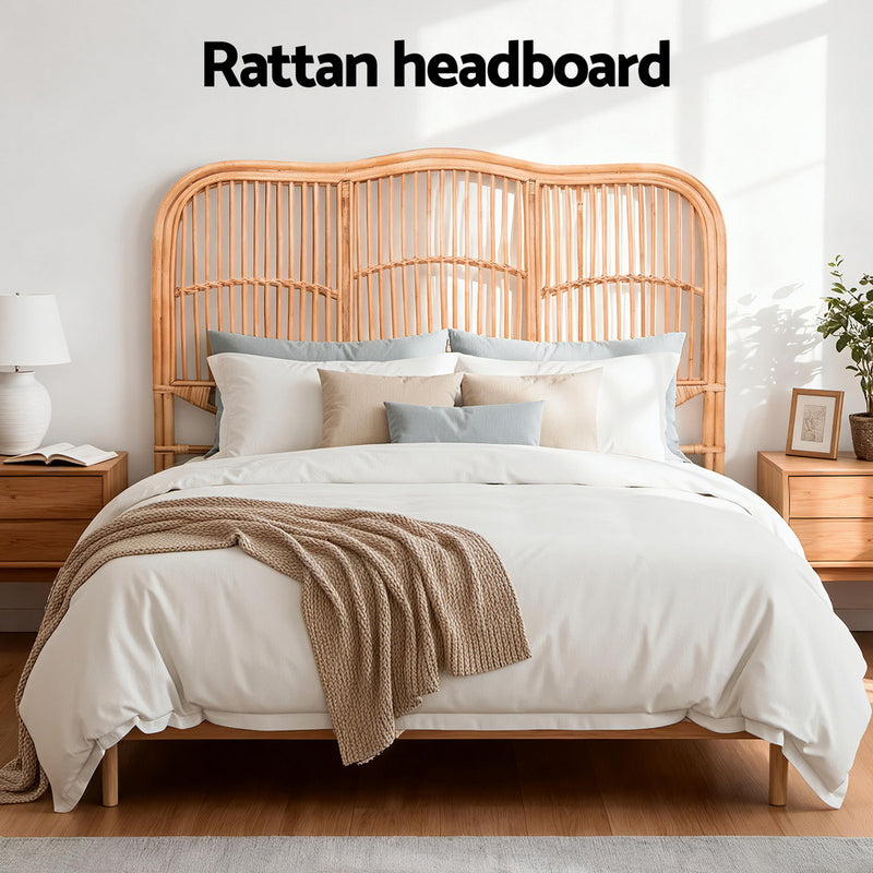 Rattan Bedhead Double Pine - NERO Round Edge Boho Headboard - Lucendi Home