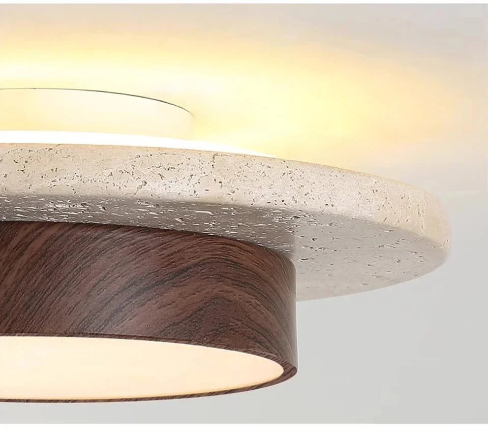 Wabi-Sabi Modern Stone Ceiling Light – Organic Travertine & Wood Flush Mount