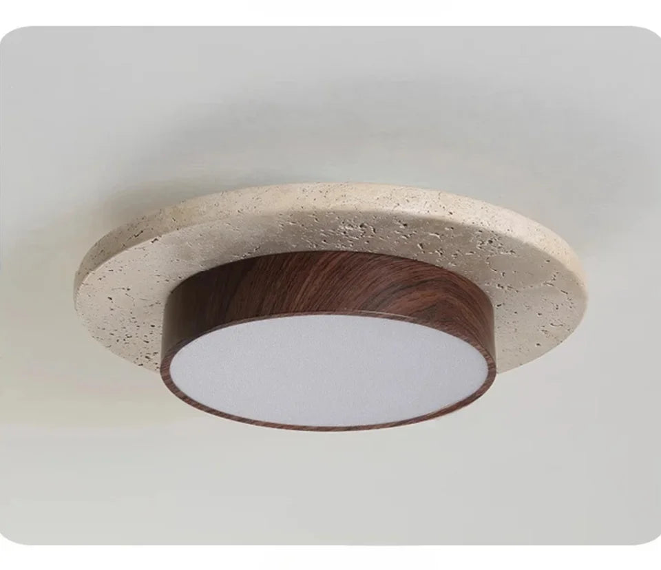 Wabi-Sabi Modern Stone Ceiling Light – Organic Travertine & Wood Flush Mount