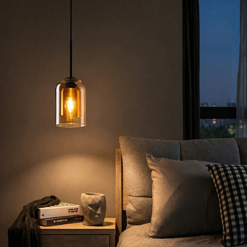 Amber Glass Art Deco Pendant Light – Elegant Textured Indoor Hanging Lamp