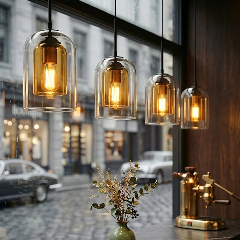 Amber Glass Art Deco Pendant Light – Elegant Textured Indoor Hanging Lamp