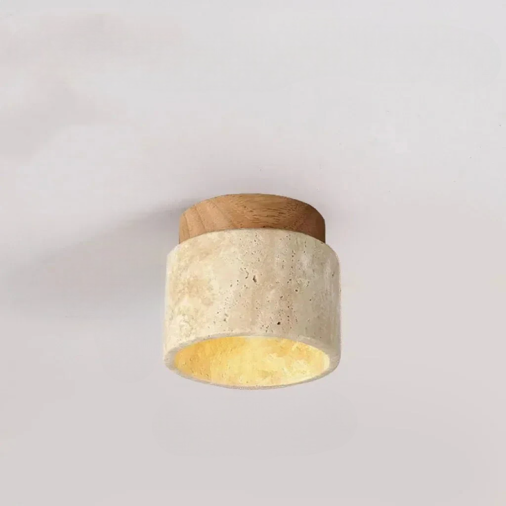 Small variant ceiling light fixture with log wooden top and beige travertine base on a plain background