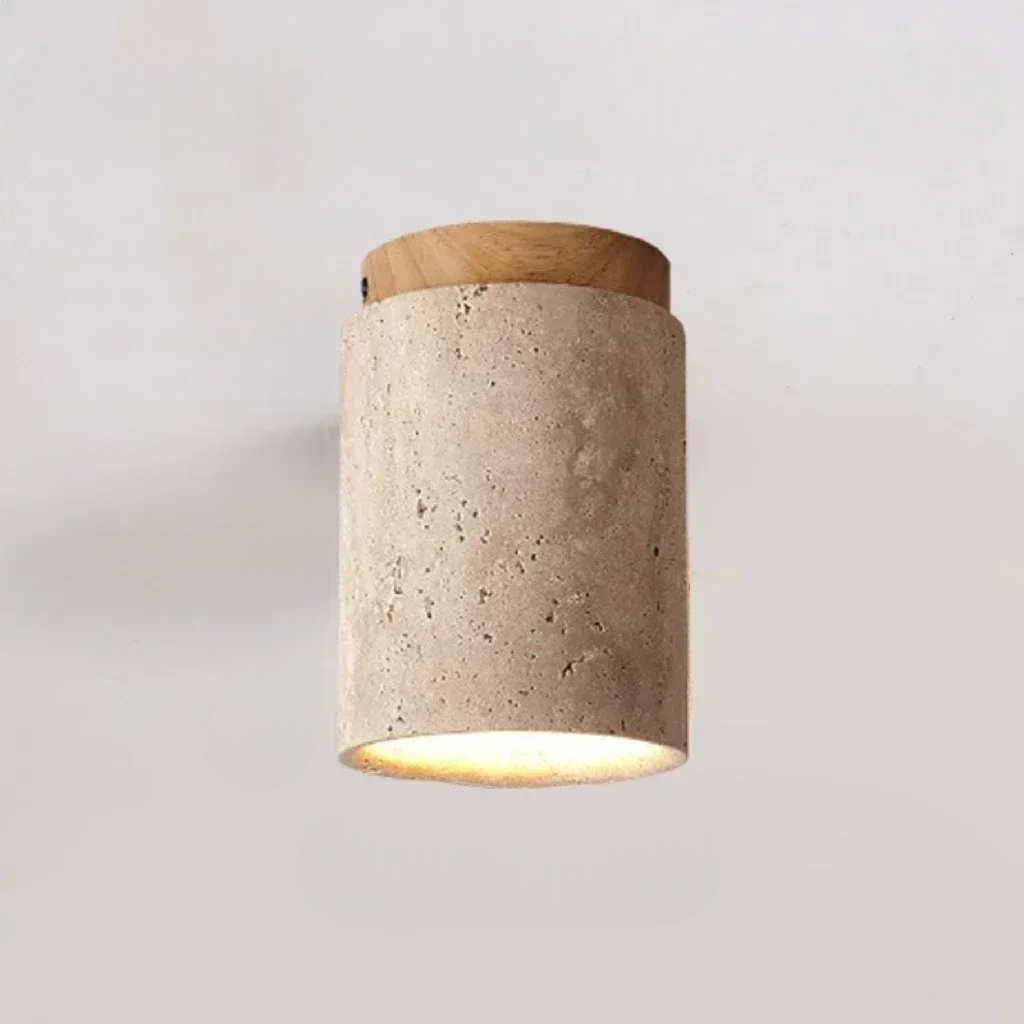Large variant ceiling light fixture with log wooden top and beige travertine base on a plain background