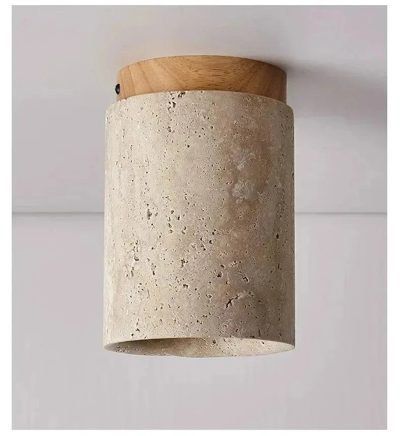 Zenith Japanese Travertine Downlight – Natural Stone & Wood Ceiling Light