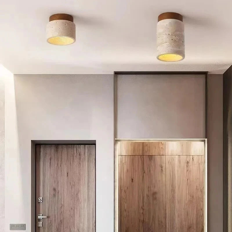 Zenith Japanese Travertine Downlight – Natural Stone & Wood Ceiling Light