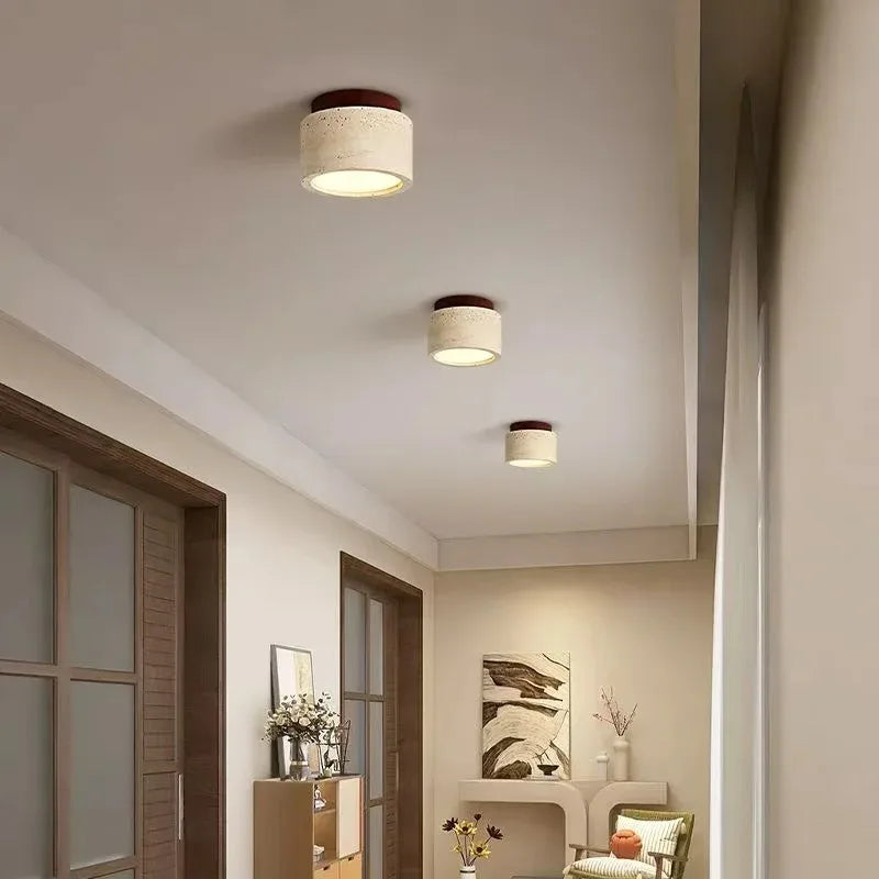 Zenith Japanese Travertine Downlight – Natural Stone & Wood Ceiling Light