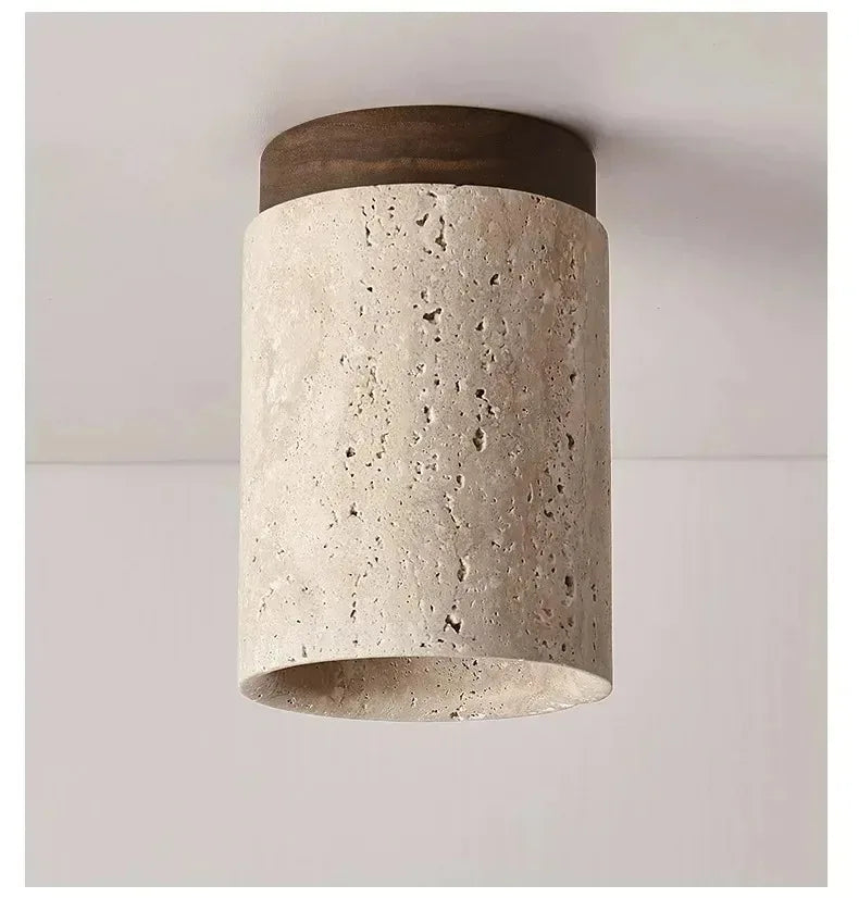 Zenith Japanese Travertine Downlight – Natural Stone & Wood Ceiling Light