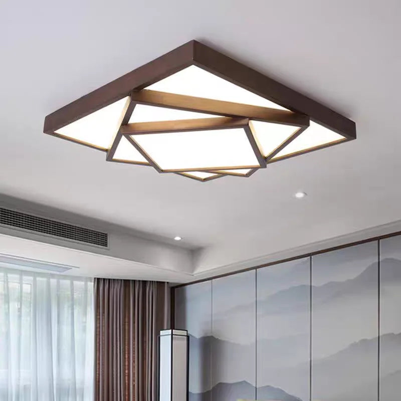Komorebi Layered Oak Ceiling Light – Modern Geometric Wood Flush Mount Lamp