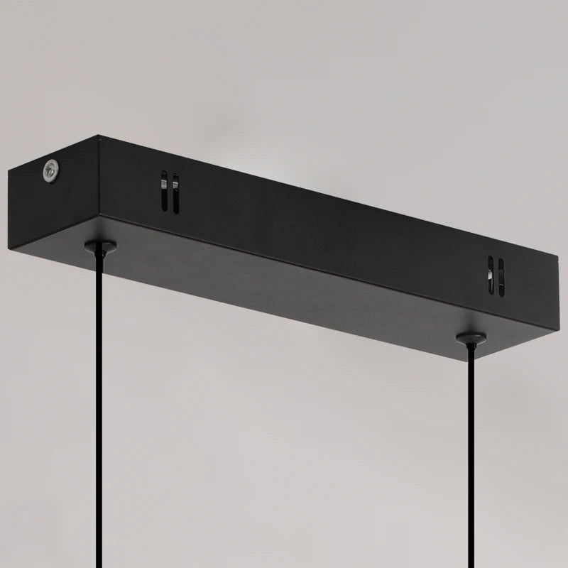 Black rectangular pendant light fixture on a grey background