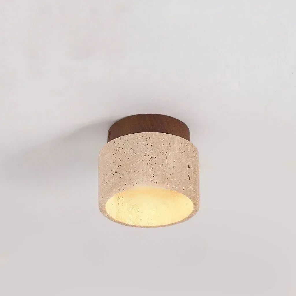 Small variant ceiling light fixture with mahogany wooden top and beige travertine base on a plain background