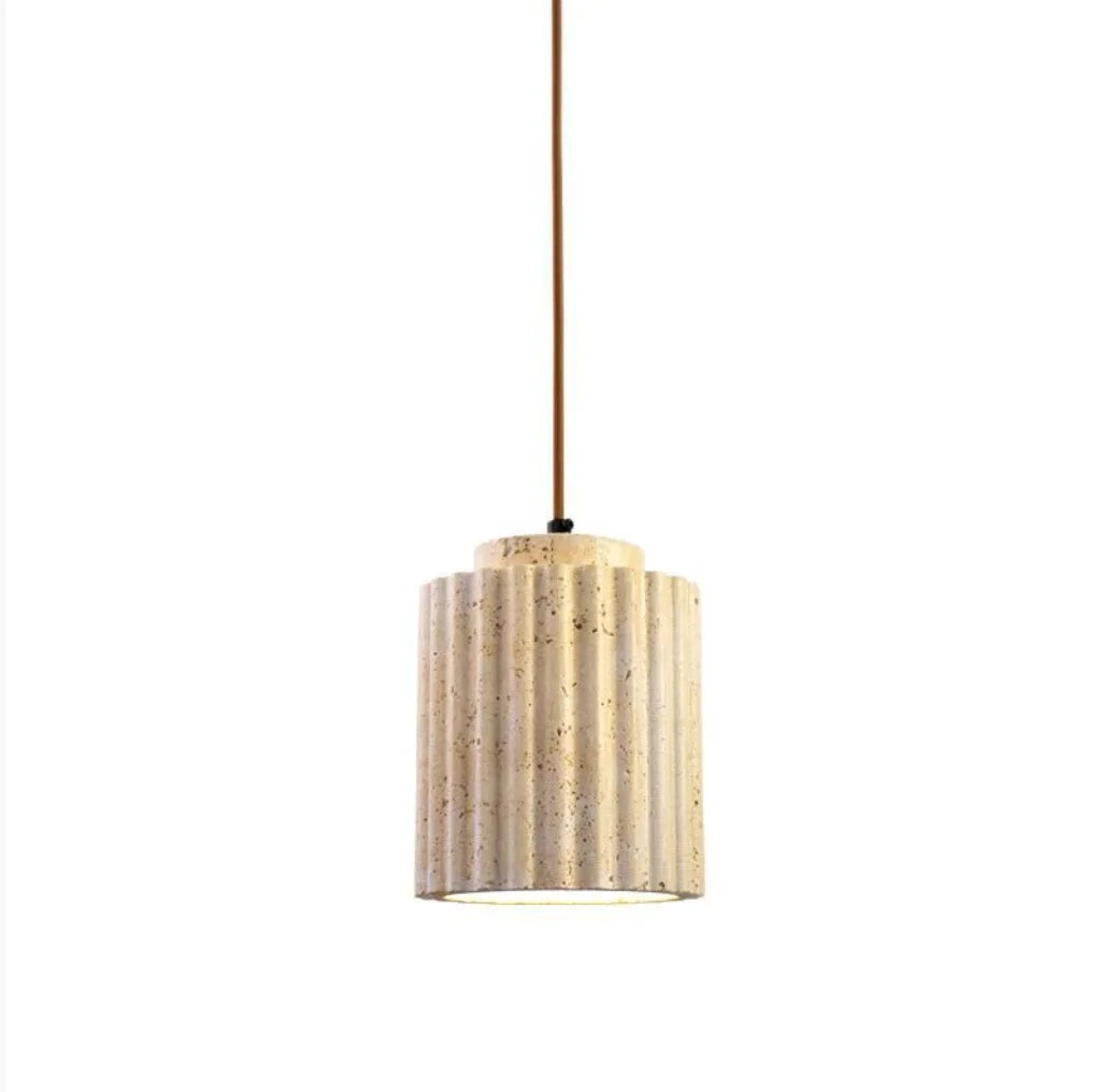 Pendant light with textured shade on a white background