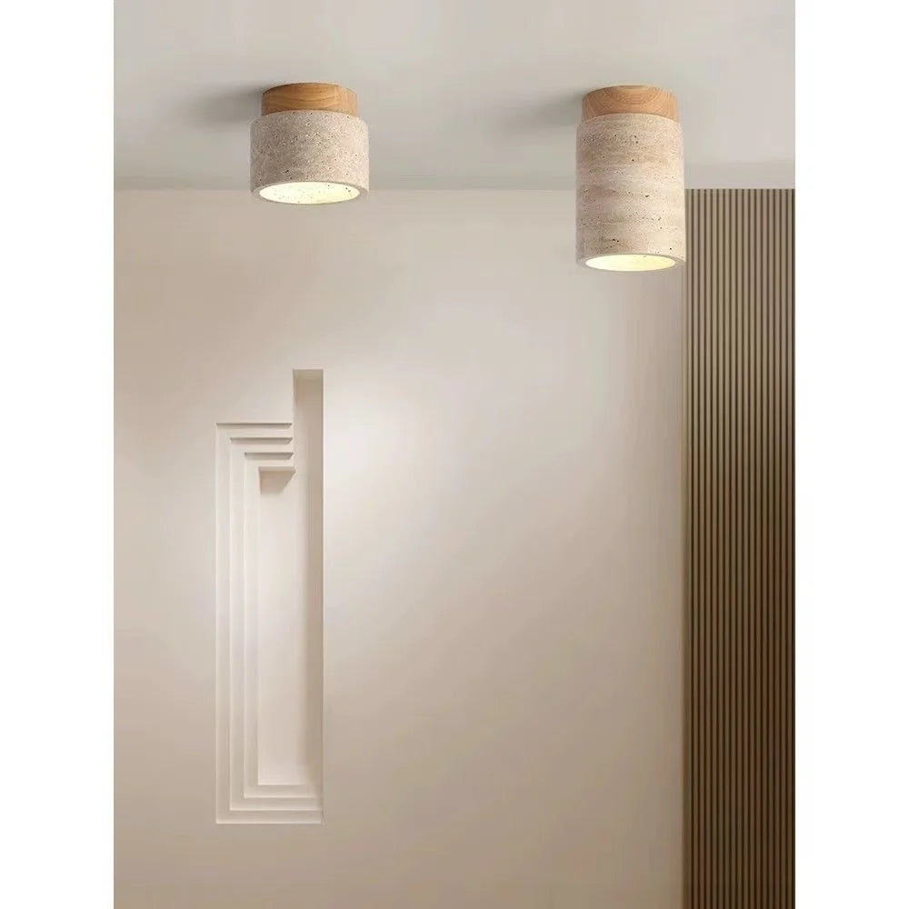 Zenith Japanese Travertine Downlight – Natural Stone & Wood Ceiling Light