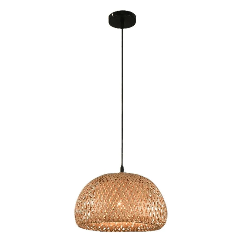 Woven bamboo pendant light with black fixture on a white background