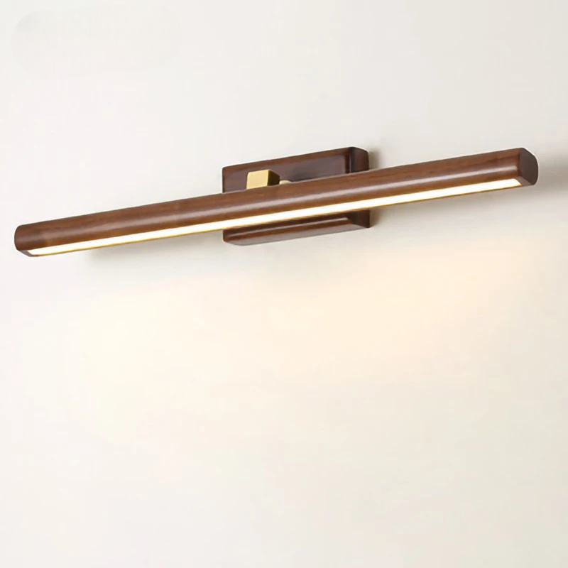 Modern wall-mounted light fixture with wooden finish on a white background