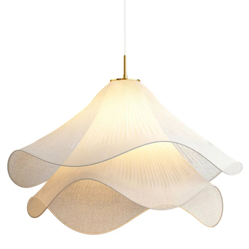 Modern pendant light with a white and beige lampshade on a white background