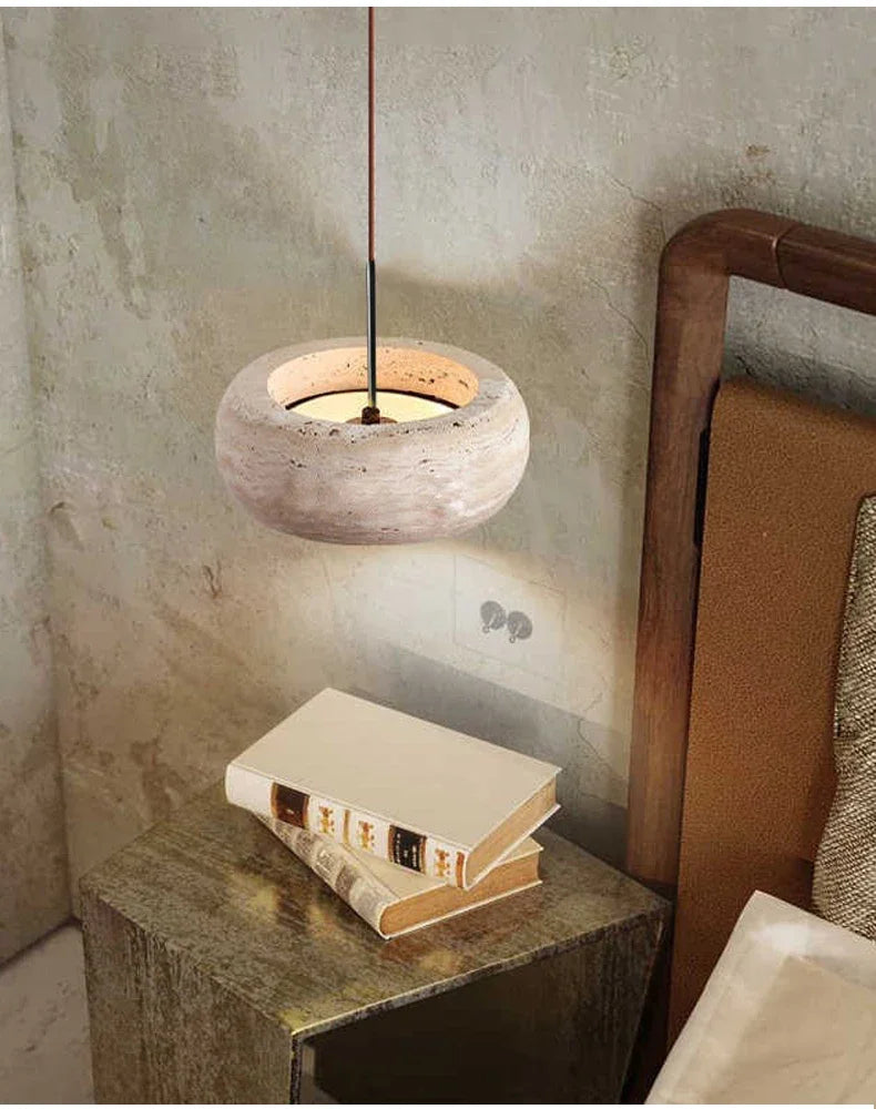 Japanese Bedroom Ambient Pendant Light - Natural Travertine Stone