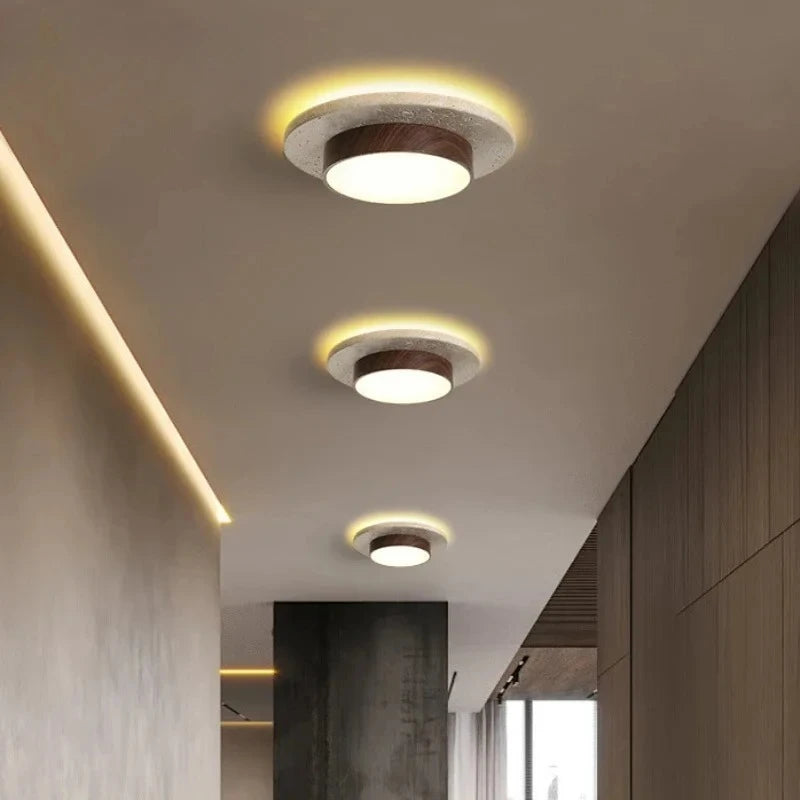 Wabi-Sabi Modern Stone Ceiling Light – Organic Travertine & Wood Flush Mount