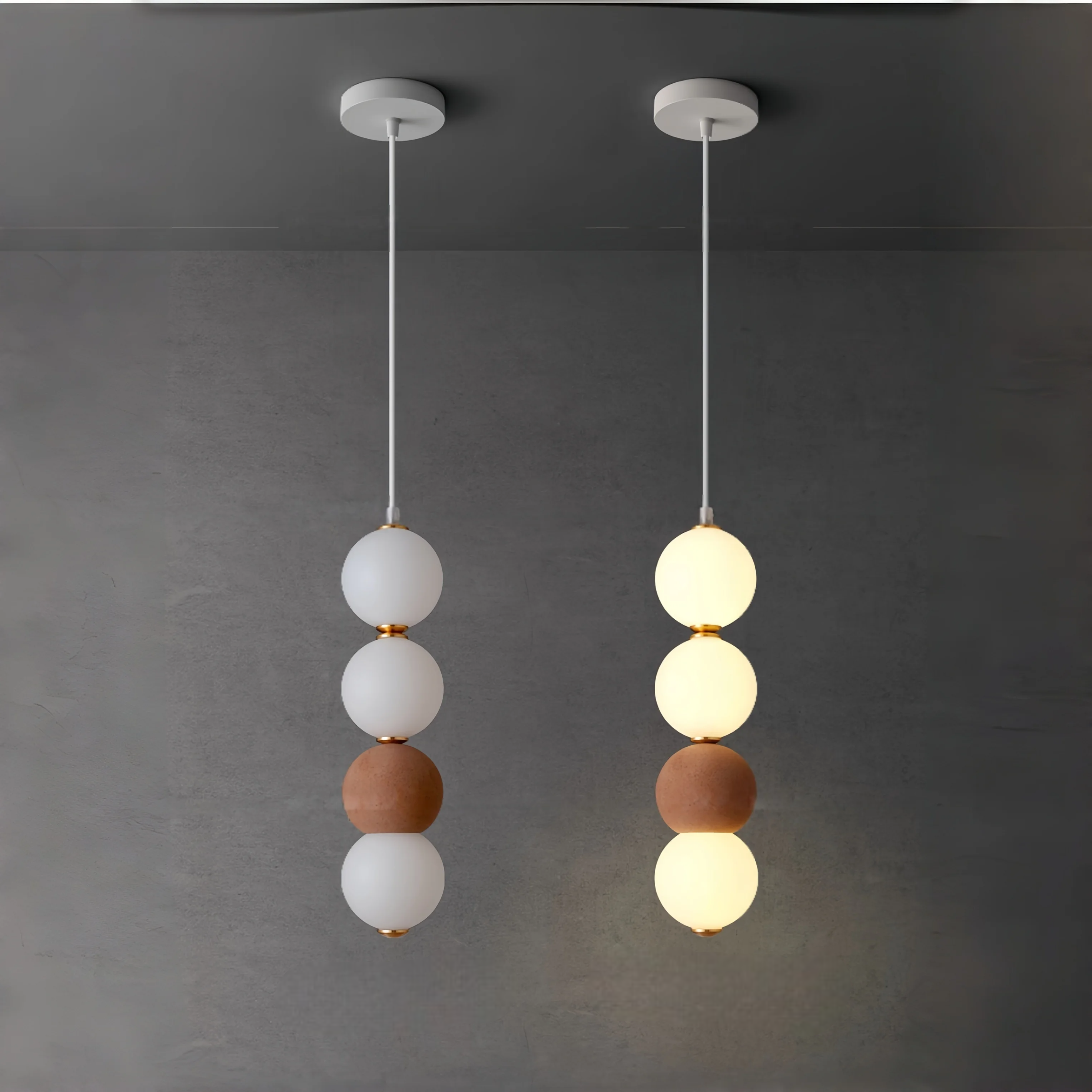 Two side by side pendant lights comparing what they look like with one light turned off and one light turned on