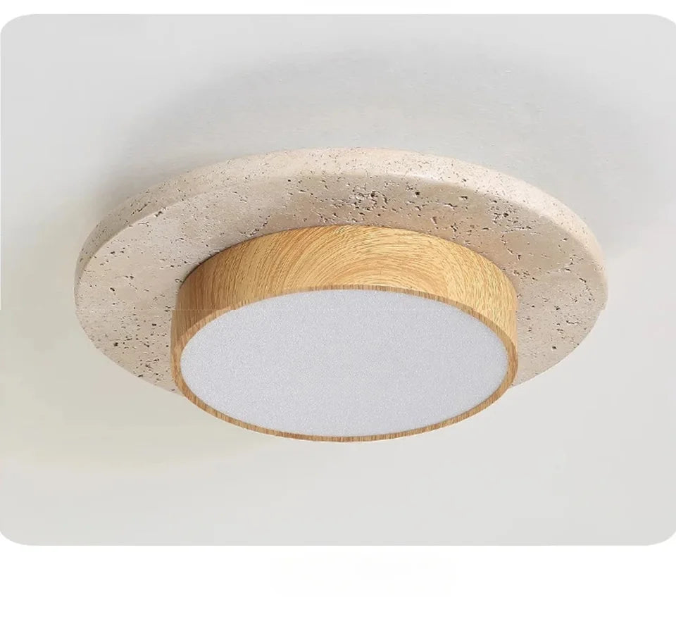 Wabi-Sabi Modern Stone Ceiling Light – Organic Travertine & Wood Flush Mount