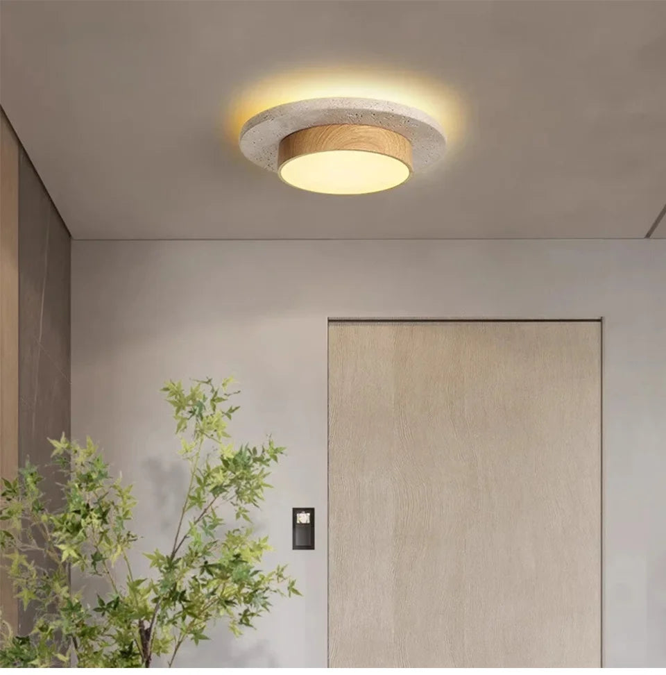 Wabi-Sabi Modern Stone Ceiling Light – Organic Travertine & Wood Flush Mount