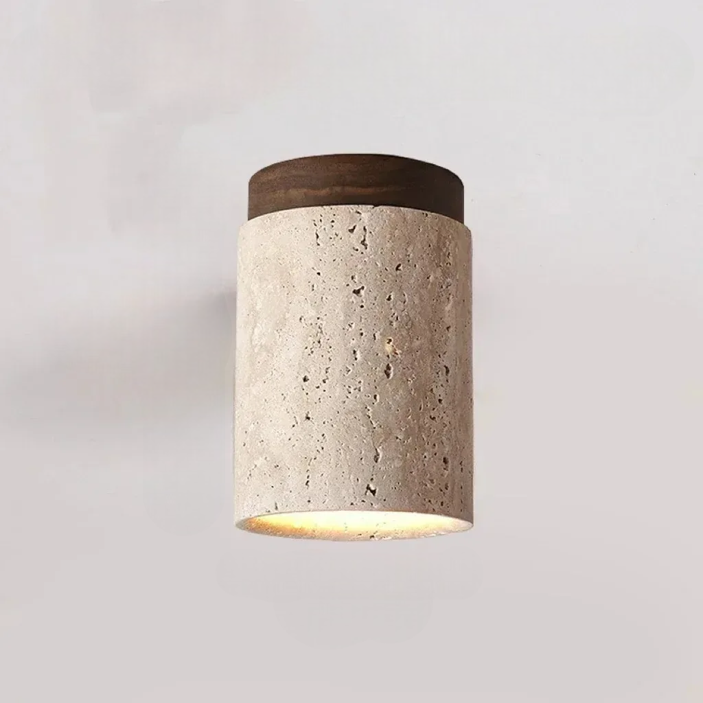 Large variant ceiling light fixture with log mahogany top and beige travertine base on a plain background