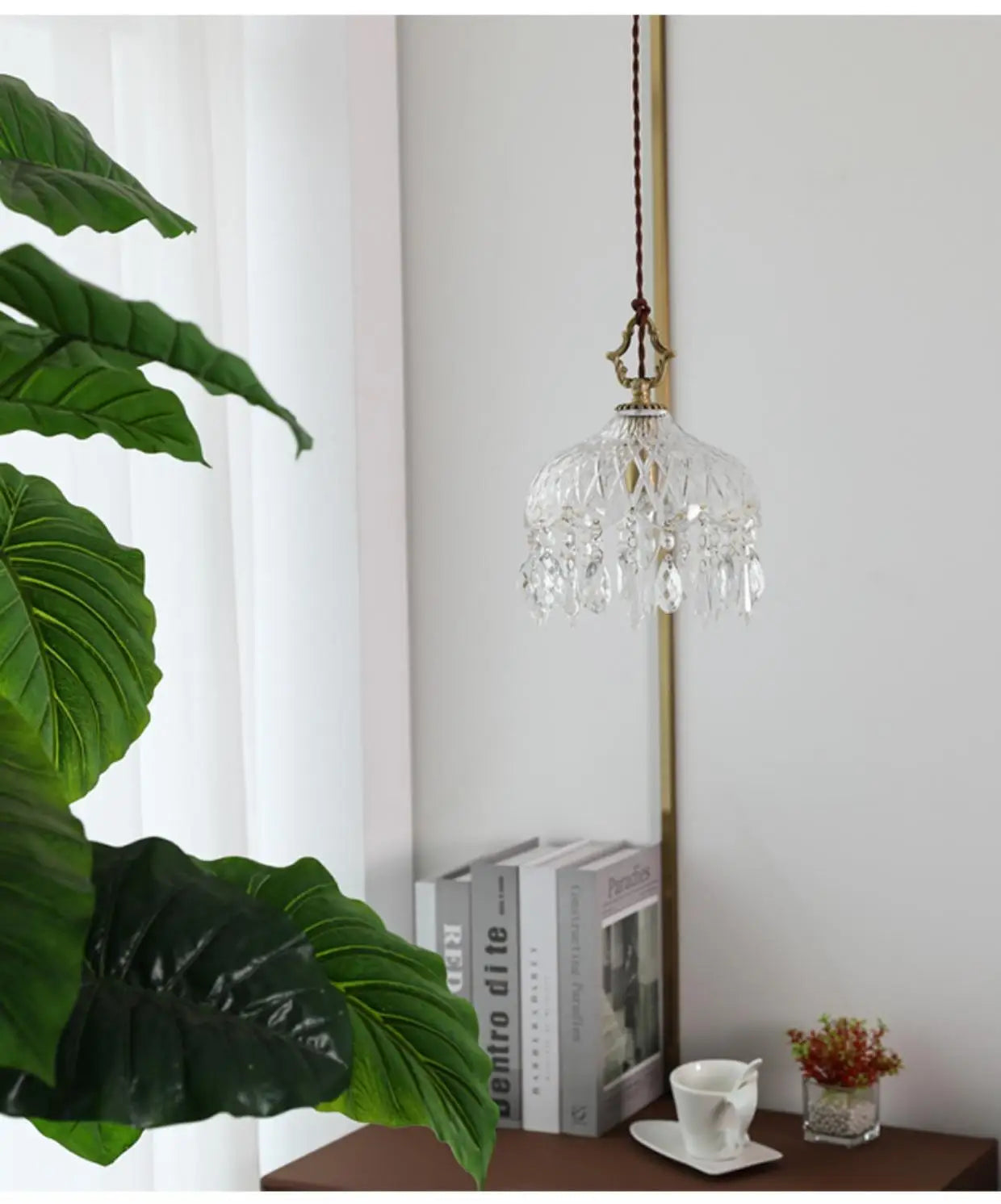 Decorative pendant light with a plant and books on a table in the background