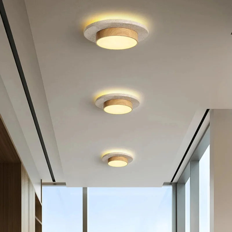 Wabi-Sabi Modern Stone Ceiling Light – Organic Travertine & Wood Flush Mount