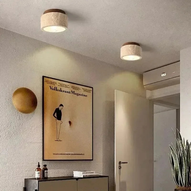 Modern interior with framed magazine cover on wall, ceiling lights, and decor items.