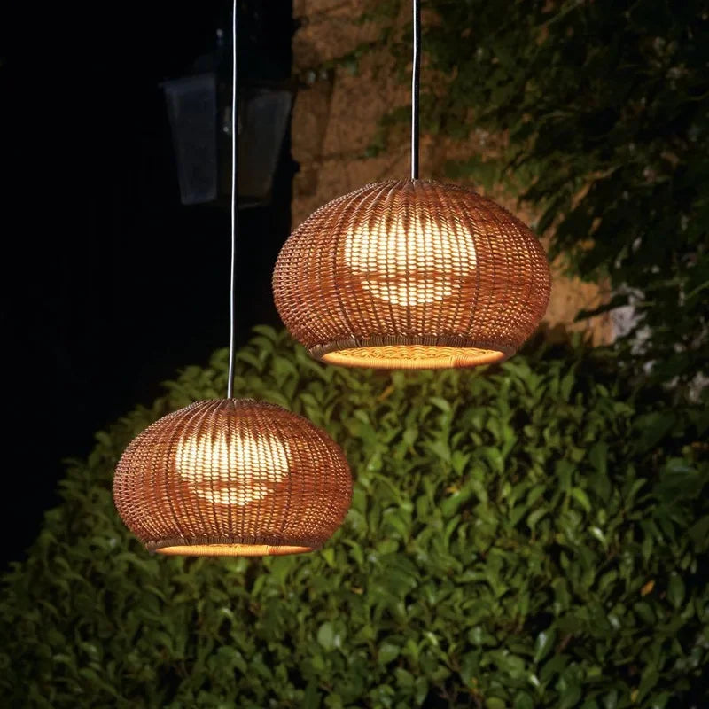 Rattan Weave Outdoor Pendant Light – Tan & White