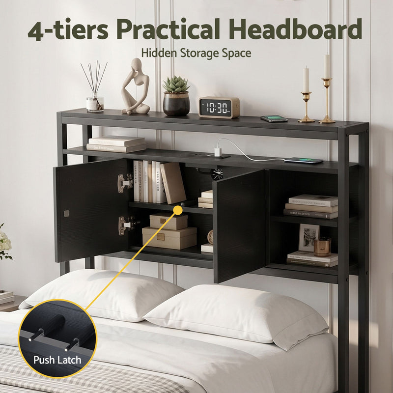 Storage Bedhead King Single Black - Built-In Charging Station Headboard - Lucendi Home
