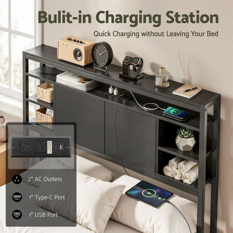 Storage Bedhead King Single Black - Built-In Charging Station Headboard - Lucendi Home