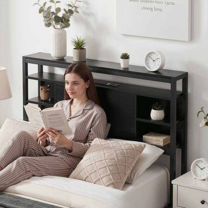 Storage Bedhead King Single Black - Built-In Charging Station Headboard - Lucendi Home