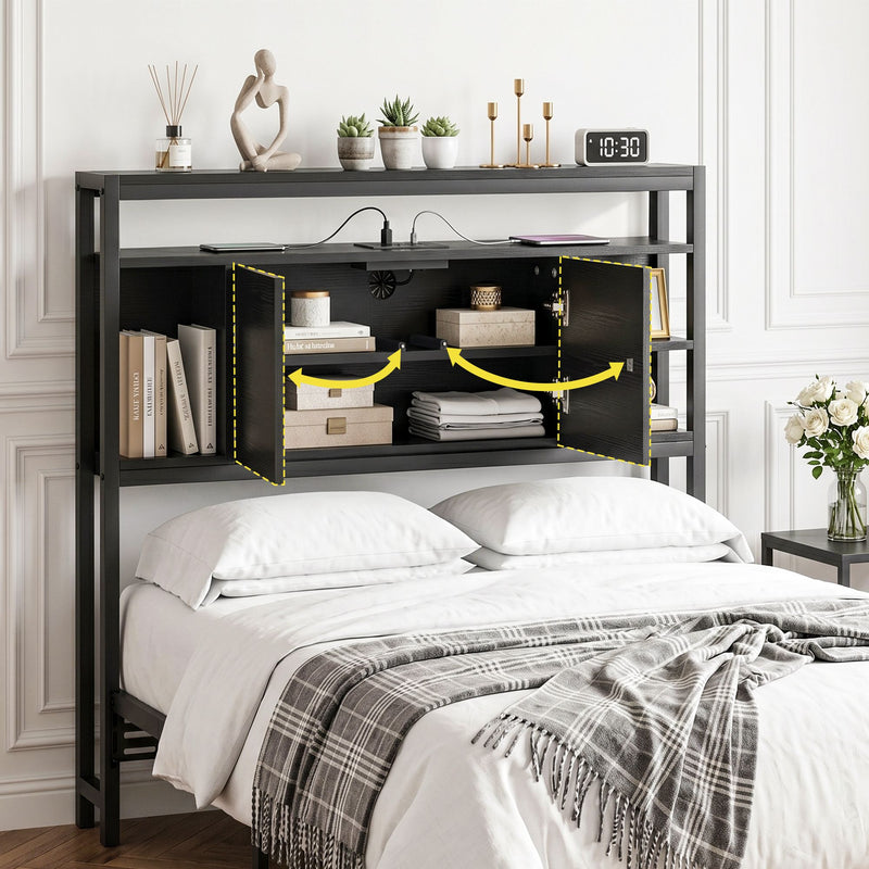 Storage Bedhead King Single Black - Built-In Charging Station Headboard - Lucendi Home