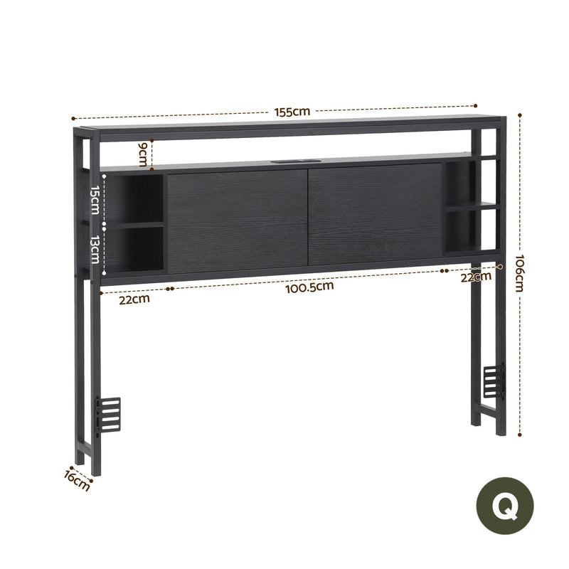 Storage Bedhead Queen Black - Built-In Charging Station Headboard - Lucendi Home