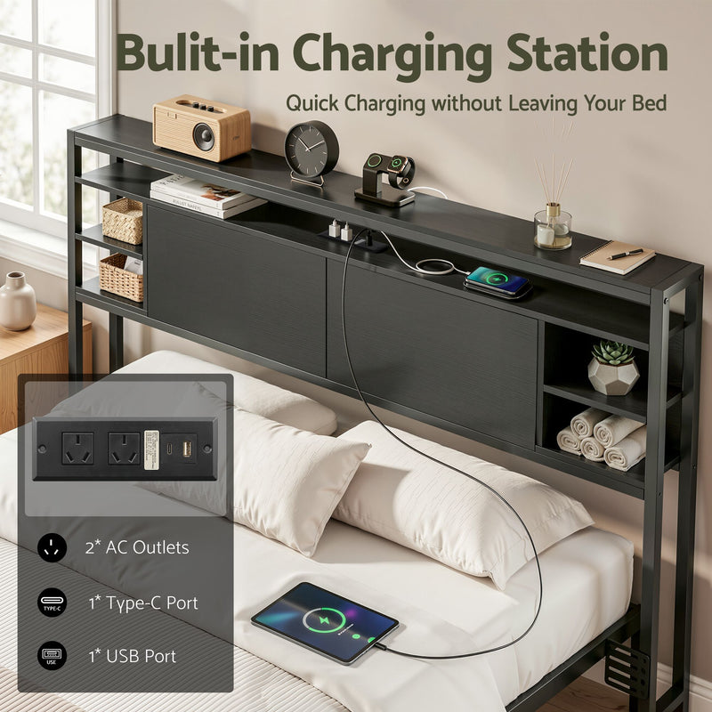 Storage Bedhead Queen Black - Built-In Charging Station Headboard - Lucendi Home
