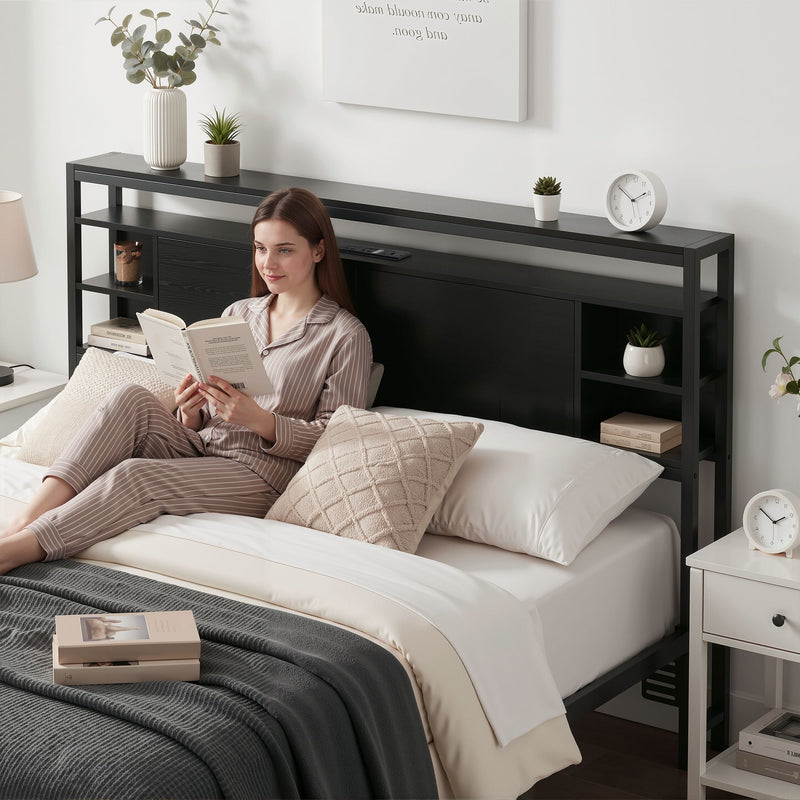 Storage Bedhead Queen Black - Built-In Charging Station Headboard - Lucendi Home