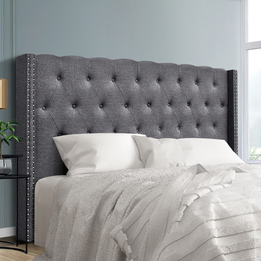 Winged Bedhead King Grey - LUCA Art Deco Studded Headboard - Lucendi Home
