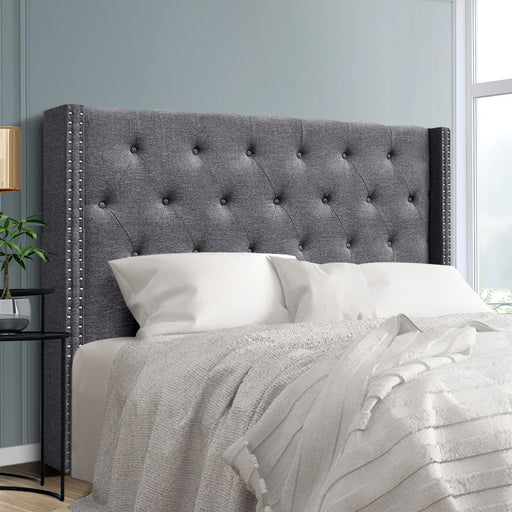 Winged Bedhead Queen Grey - LUCA Art Deco Studded Headboard - Lucendi Home