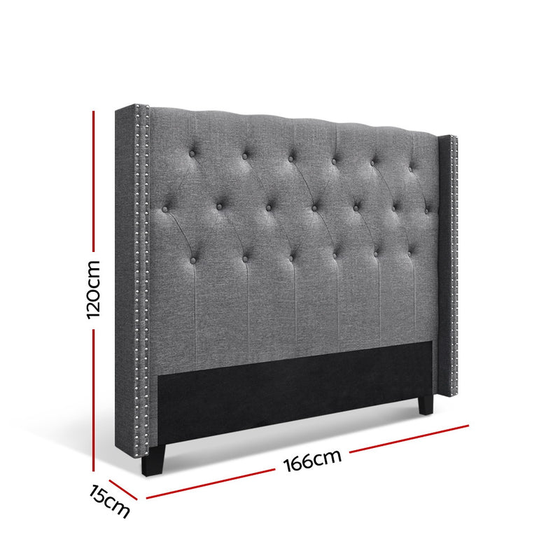 Winged Bedhead Queen Grey - LUCA Art Deco Studded Headboard - Lucendi Home