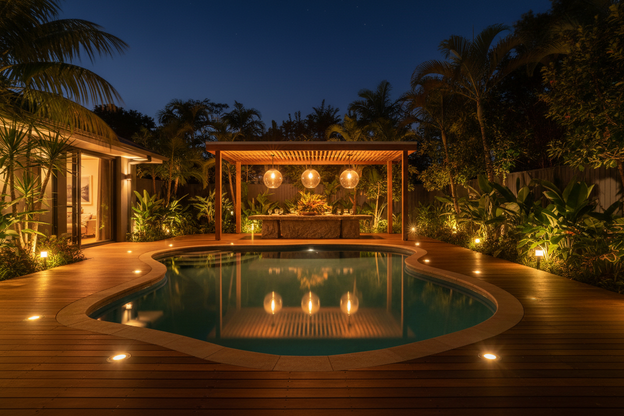 Pool area with a wooden deck and gazebo at night, surrounded by tropical plants.
